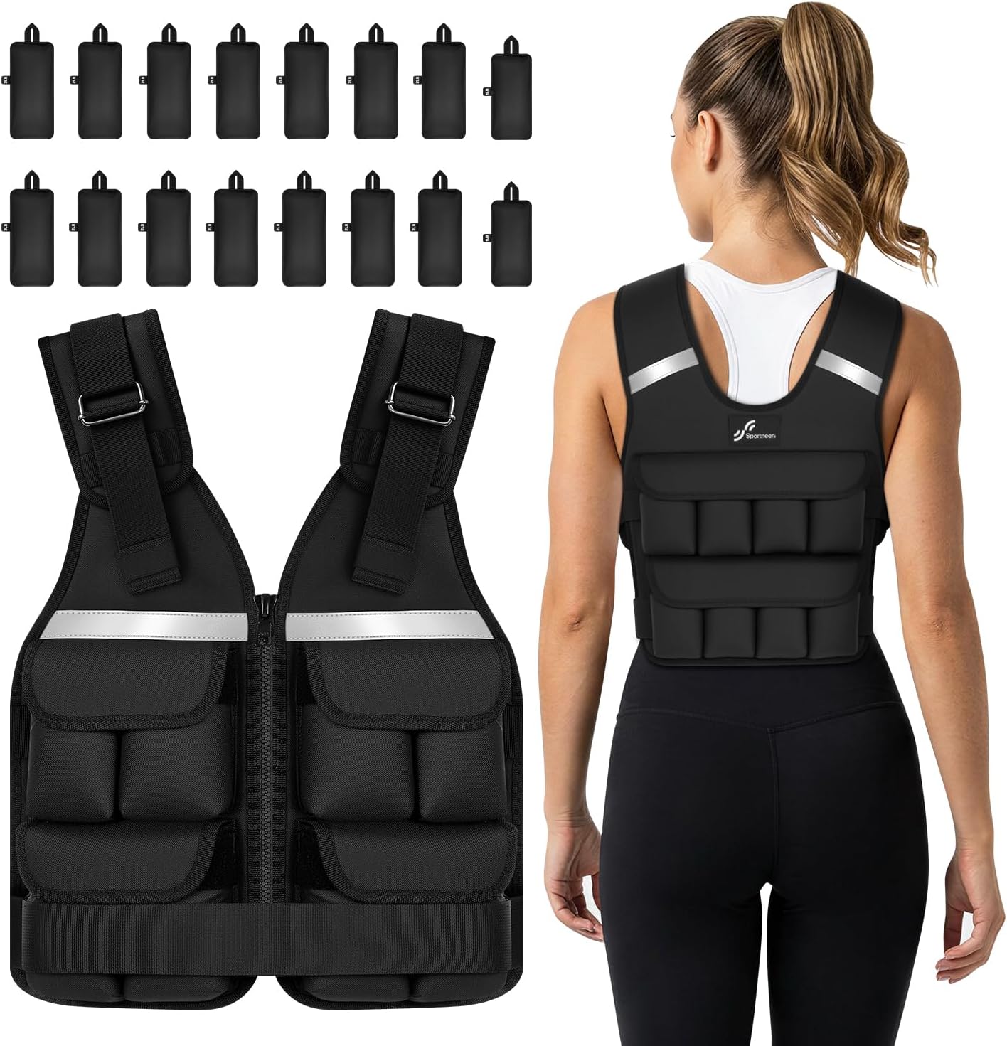 Sportneer Adjustable Weighted Vest Weights: 2-18 lbs/2-42 lbs Washable Weight Vest for Walking 16 In 1 Fast Adjust Rucking Vest for Women and Men Home Gym Running Jogging Strength Training Vests
