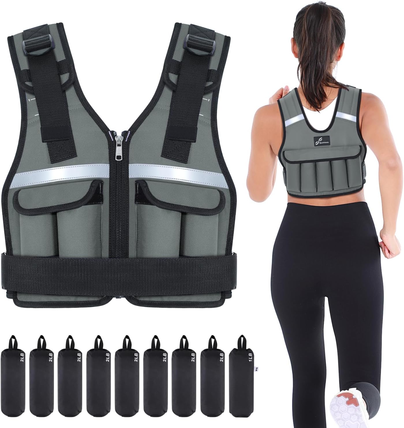 Sportneer Adjustable Weighted Vest Weights: 2-18 lbs/2-42 lbs Washable Weight Vest for Walking 16 In 1 Fast Adjust Rucking Vest for Women and Men Home Gym Running Jogging Strength Training Vests