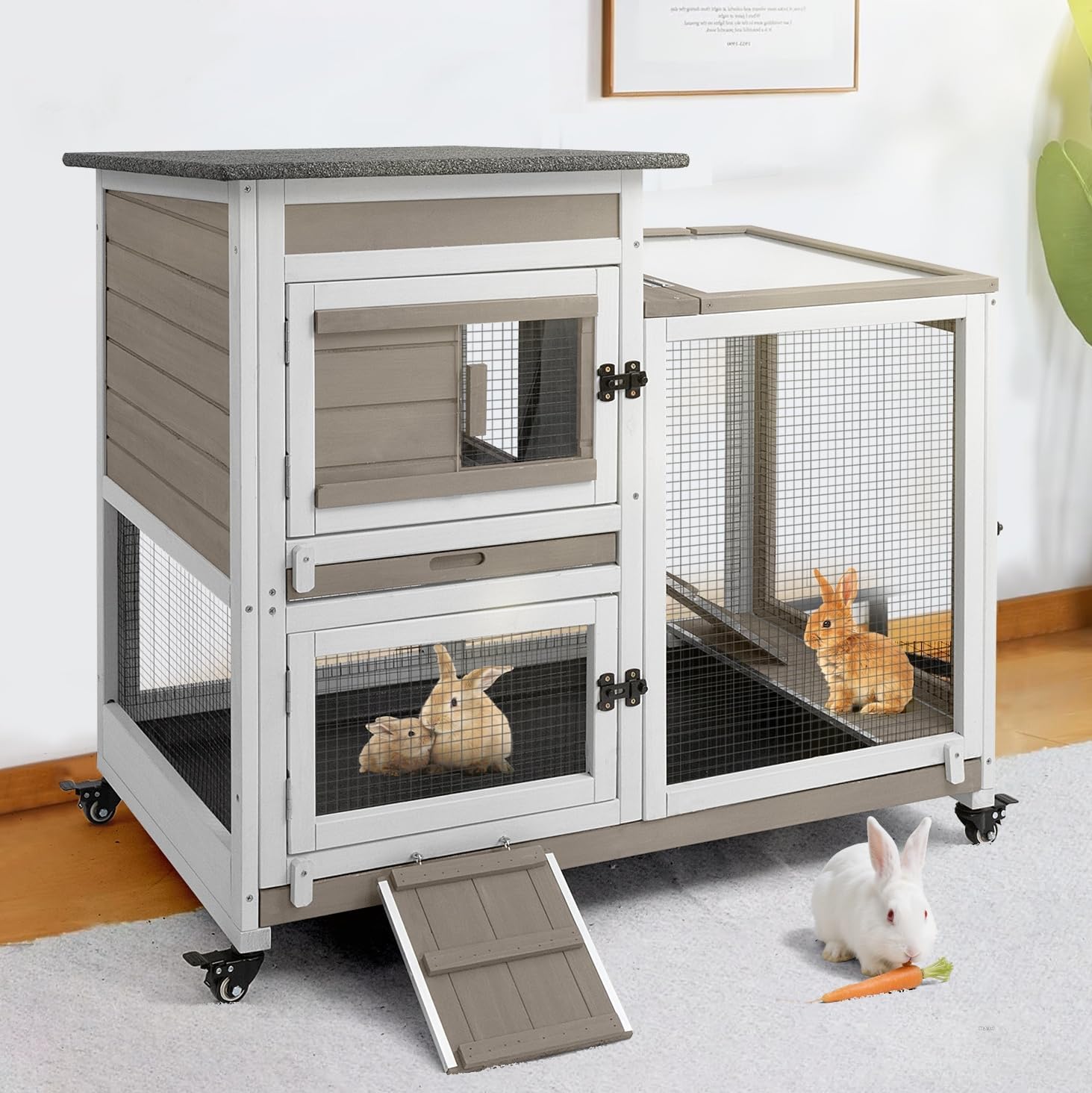 2 Story Rabbit Hutch Outdoor Indoor, Wooden Bunny Cage with 6 Lockable Wheels, 3 Removable No Leakage Pull Out Trays, Chew-Proof Ramp & Waterproof Roof, Ideal for Rabbit & Guinea Pig