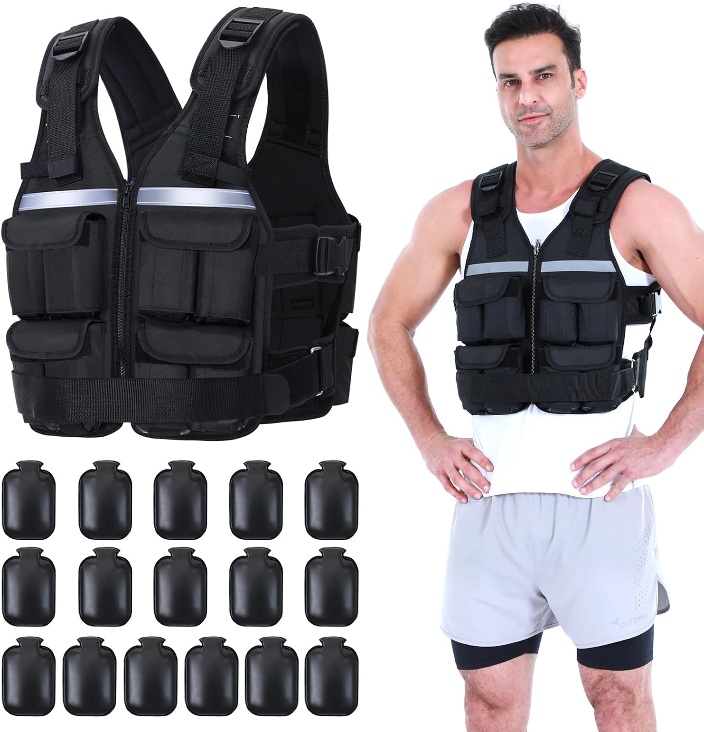 Sportneer Adjustable Weighted Vest Weights: 2-18 lbs/2-42 lbs Washable Weight Vest for Walking 16 In 1 Fast Adjust Rucking Vest for Women and Men Home Gym Running Jogging Strength Training Vests