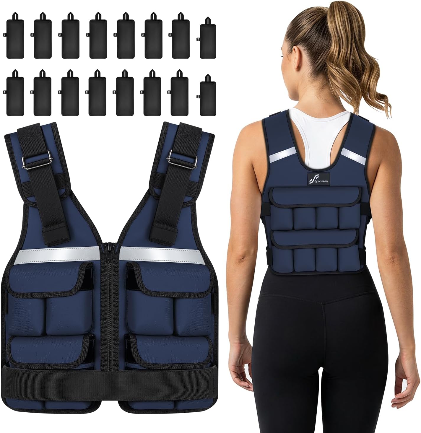 Sportneer Adjustable Weighted Vest Weights: 2-18 lbs/2-42 lbs Washable Weight Vest for Walking 16 In 1 Fast Adjust Rucking Vest for Women and Men Home Gym Running Jogging Strength Training Vests