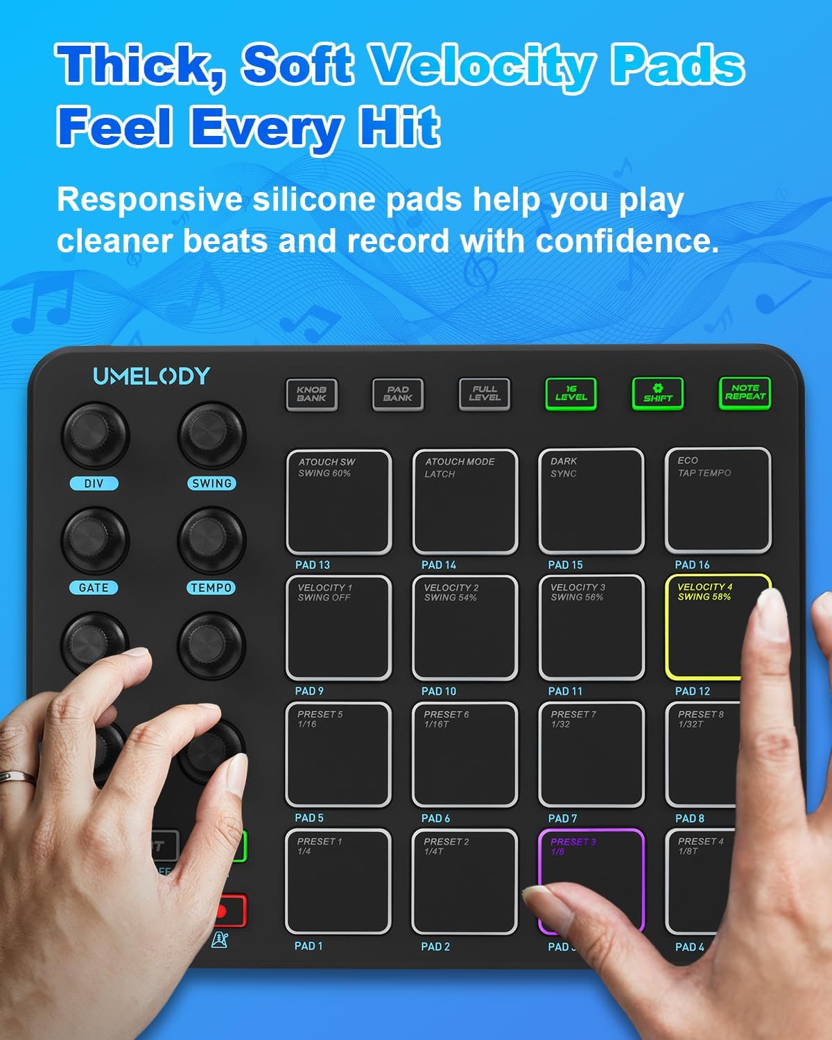 JP-1 MIDI Pad Controller with Wireless Connection, 16 RGB Beat Pads for Music Production, Portable Beat Maker for Beginners, Finger Drumming, Sampling, Looping on Laptop, Tablet, Phone