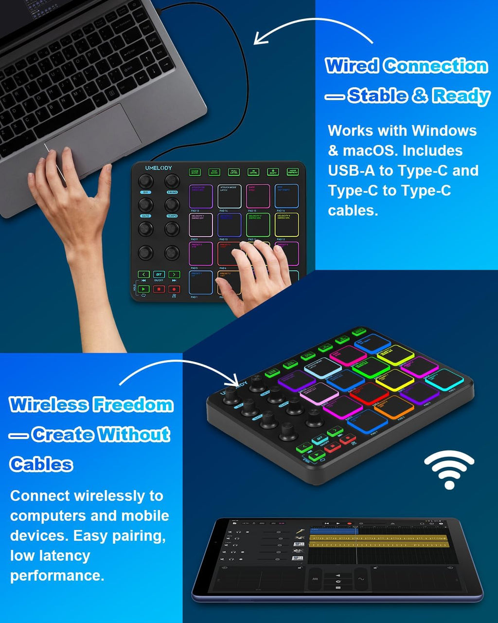 JP-1 MIDI Pad Controller with Wireless Connection, 16 RGB Beat Pads for Music Production, Portable Beat Maker for Beginners, Finger Drumming, Sampling, Looping on Laptop, Tablet, Phone