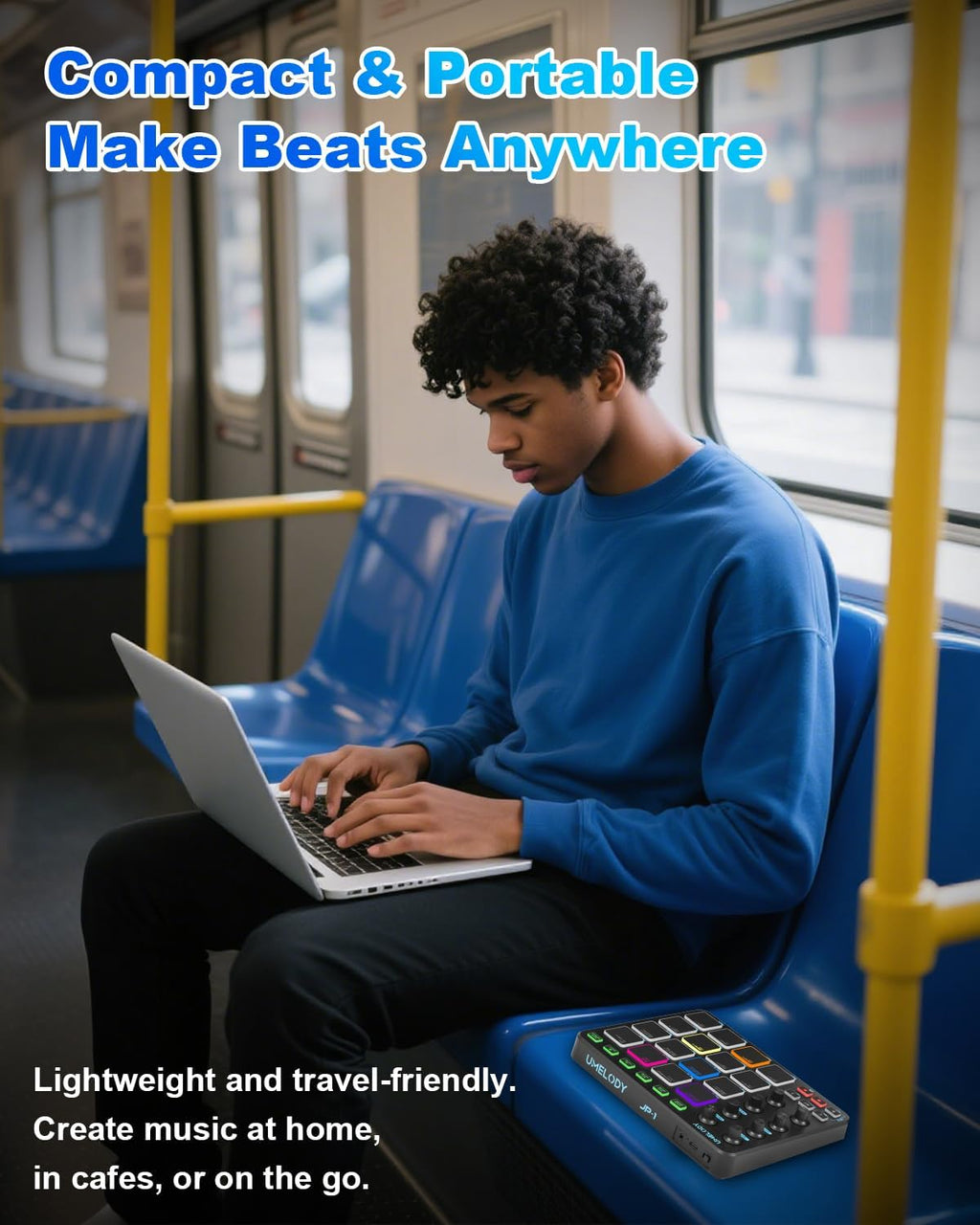 JP-1 MIDI Pad Controller with Wireless Connection, 16 RGB Beat Pads for Music Production, Portable Beat Maker for Beginners, Finger Drumming, Sampling, Looping on Laptop, Tablet, Phone