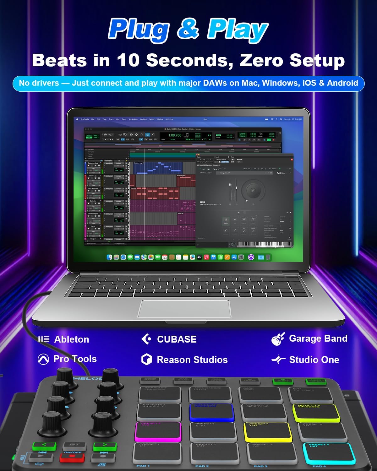 JP-1 MIDI Pad Controller with Wireless Connection, 16 RGB Beat Pads for Music Production, Portable Beat Maker for Beginners, Finger Drumming, Sampling, Looping on Laptop, Tablet, Phone