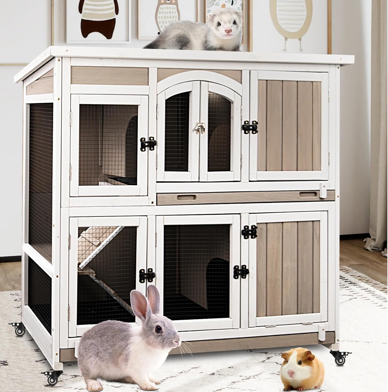2 Story Rabbit Hutch Outdoor Indoor, Wooden Bunny Cage with 6 Lockable Wheels, 3 Removable No Leakage Pull Out Trays, Chew-Proof Ramp & Waterproof Roof, Ideal for Rabbit & Guinea Pig