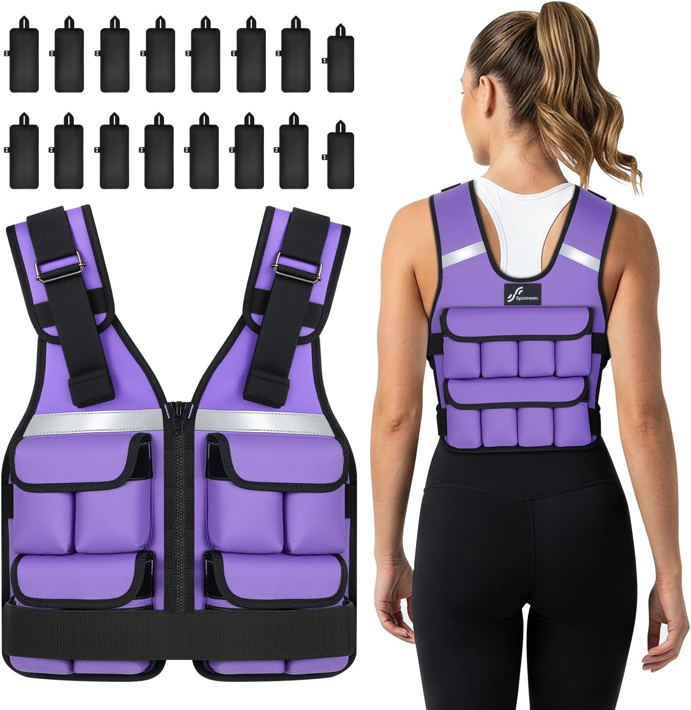 Sportneer Adjustable Weighted Vest Weights: 2-18 lbs/2-42 lbs Washable Weight Vest for Walking 16 In 1 Fast Adjust Rucking Vest for Women and Men Home Gym Running Jogging Strength Training Vests