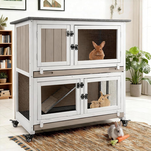 2 Story Rabbit Hutch Outdoor Indoor, Wooden Bunny Cage with 6 Lockable Wheels, 3 Removable No Leakage Pull Out Trays, Chew-Proof Ramp & Waterproof Roof, Ideal for Rabbit & Guinea Pig