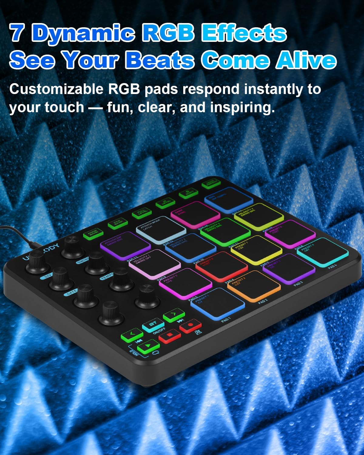 JP-1 MIDI Pad Controller with Wireless Connection, 16 RGB Beat Pads for Music Production, Portable Beat Maker for Beginners, Finger Drumming, Sampling, Looping on Laptop, Tablet, Phone