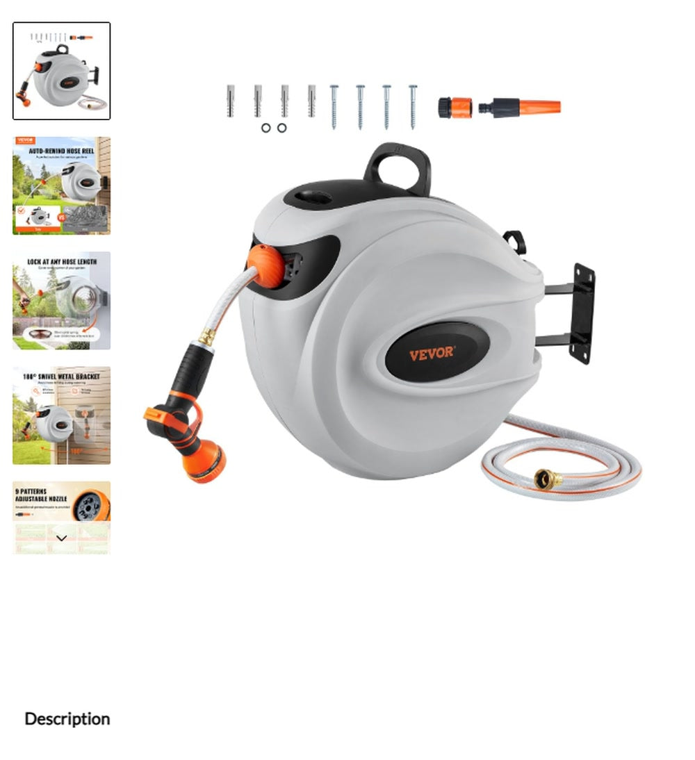 Wall-Mounted Retractable Garden Hose Reel with 180-Degree Swivel product view