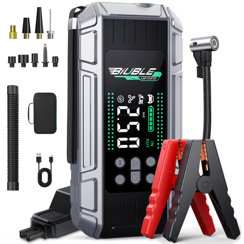 T3V2 TikTok gallery 1: BIUBLE X7 portable jump starter, clamps, hose, nozzles, cable, and carry case