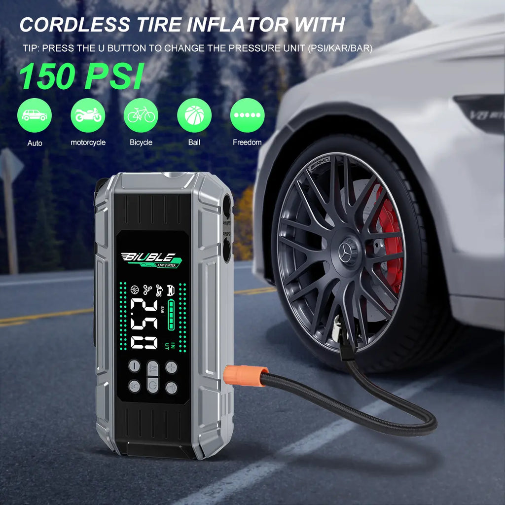 T3V2 TikTok gallery 3: BIUBLE X7 cordless tire inflator with 150 PSI digital pressure display
