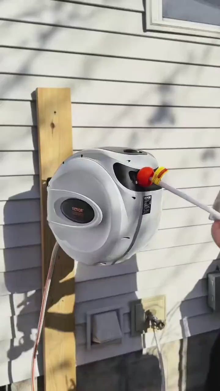 Wall-Mounted Retractable Garden Hose Reel with 180-Degree Swivel demonstration